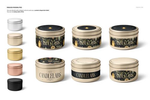 Front view of several 4 oz candle tins in different colors and patterns, arranged on a white background, mockup set.