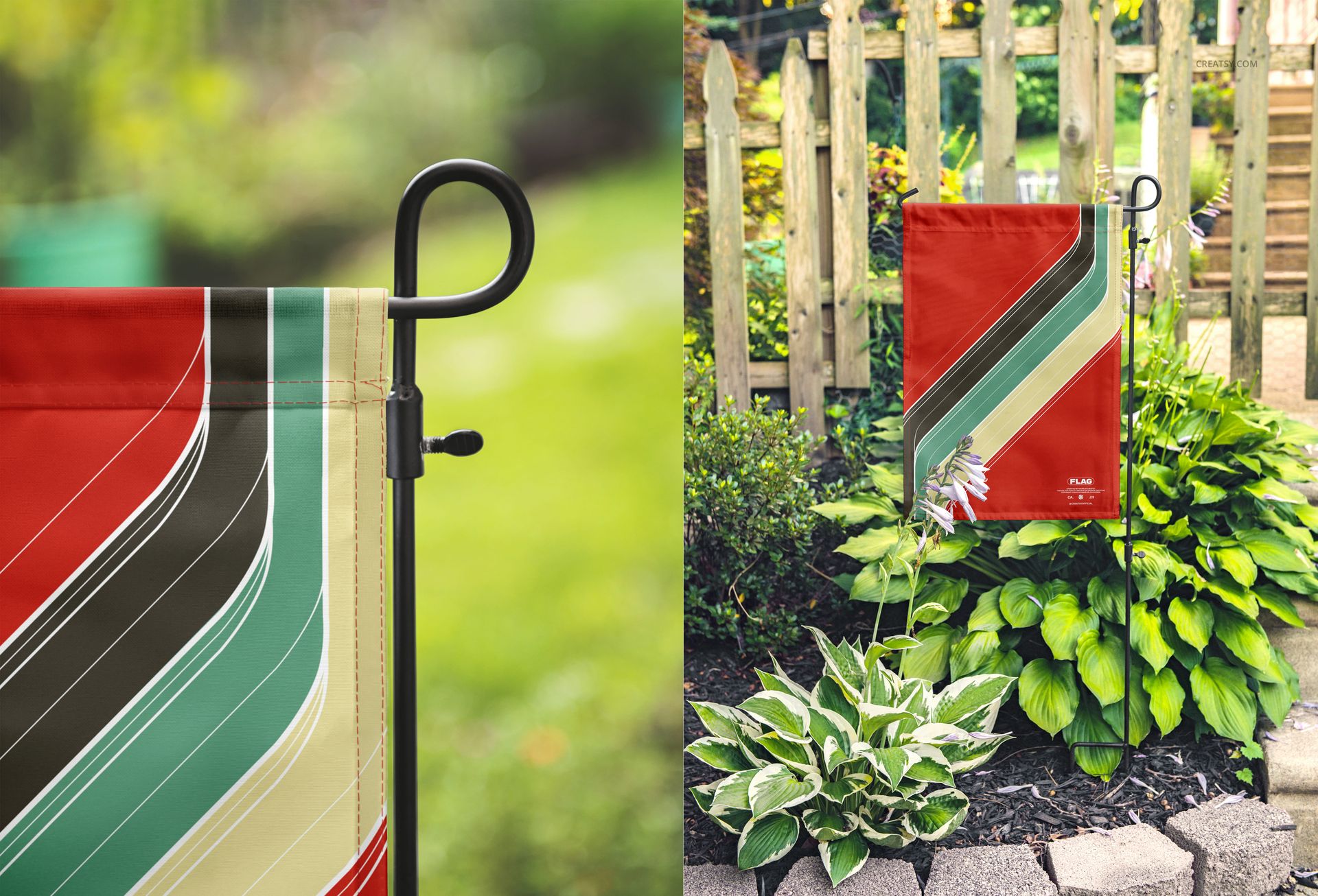 Outdoor garden flag mockup featuring bold diagonal stripes in multiple colors, shown on a black metal pole among plants.