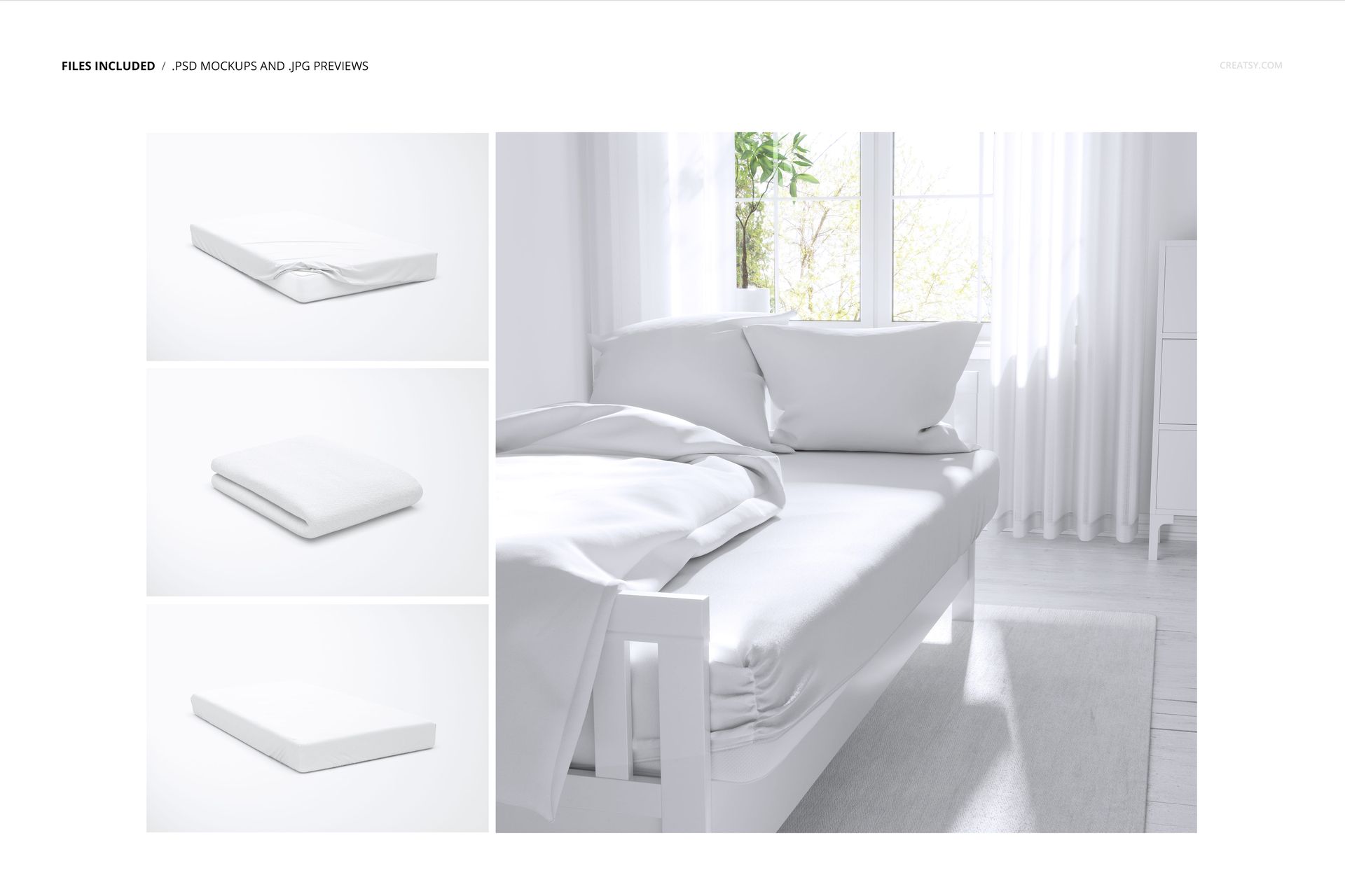 Kids bed sheet mockup set featuring a white sheet and pillows on a bed in a bright, minimalist bedroom scene.