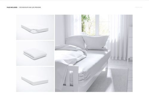 Kids bed sheet mockup set featuring a white sheet and pillows on a bed in a bright, minimalist bedroom scene.