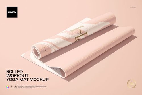 Rolled yoga mat with soft pink and beige wavy pattern, shown on a flat surface in a realistic mockup scene.