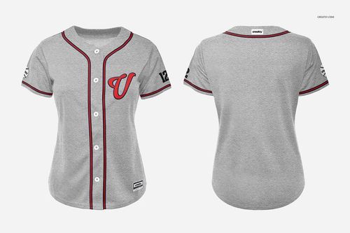 PSD mockup featuring a women's gray baseball jersey, displayed with front and rear perspectives and button details.