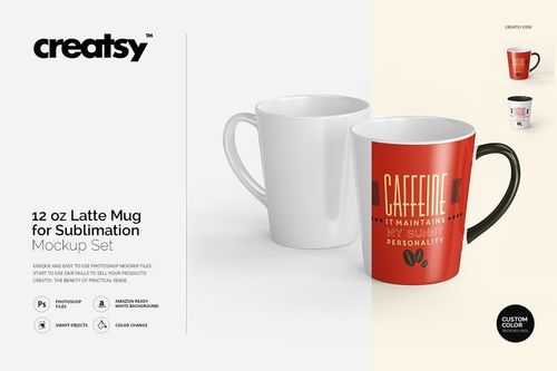 Front view of two 12 oz latte mugs, one plain white and one with a red caffeine-themed design, on a light background.