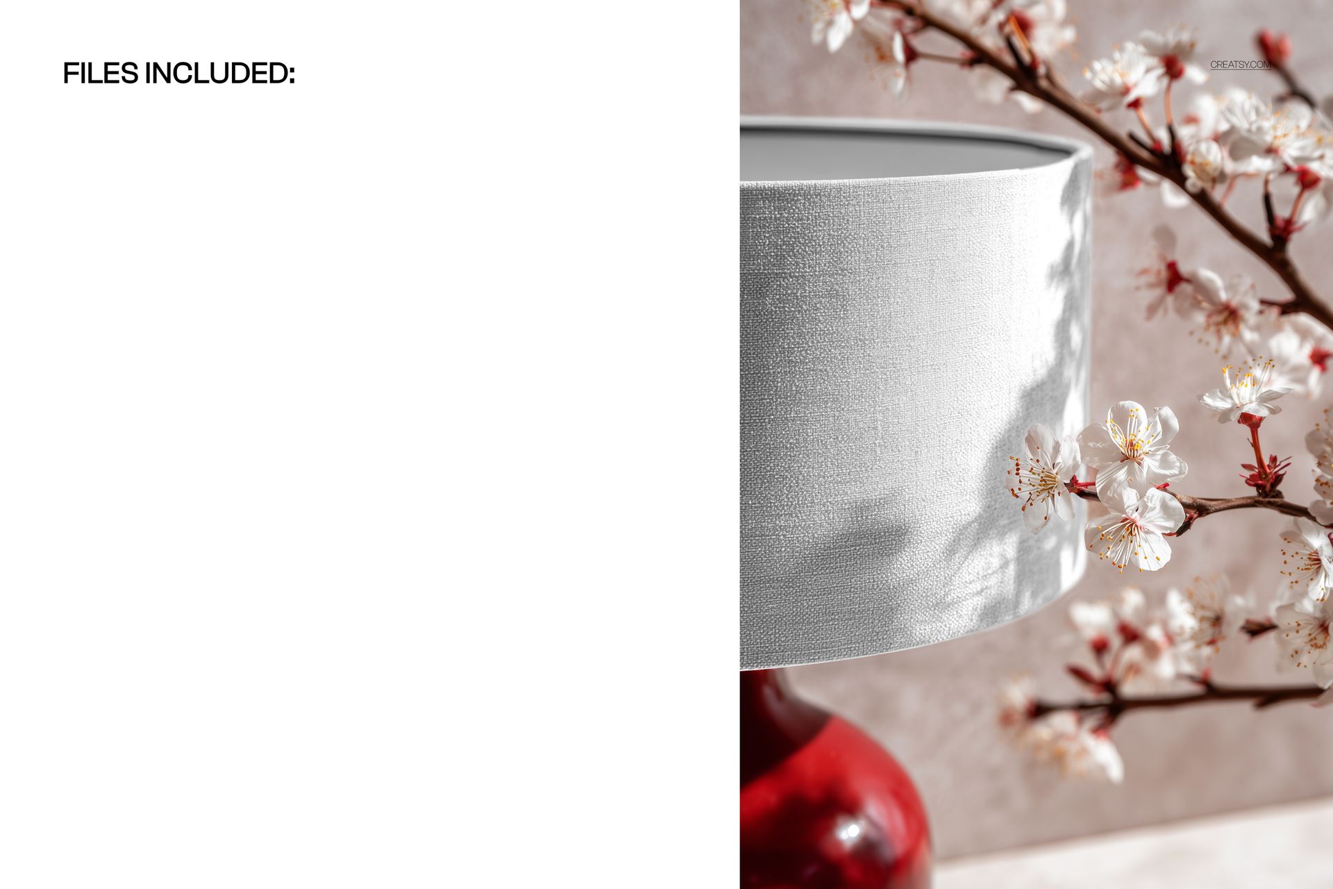 Close-up of a table lamp mockup featuring a white fabric shade and red base, surrounded by delicate white blossoms.