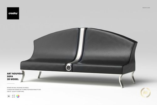 Front view of a black Art Nouveau sofa with curved backrest and silver accent, set against a plain light background.