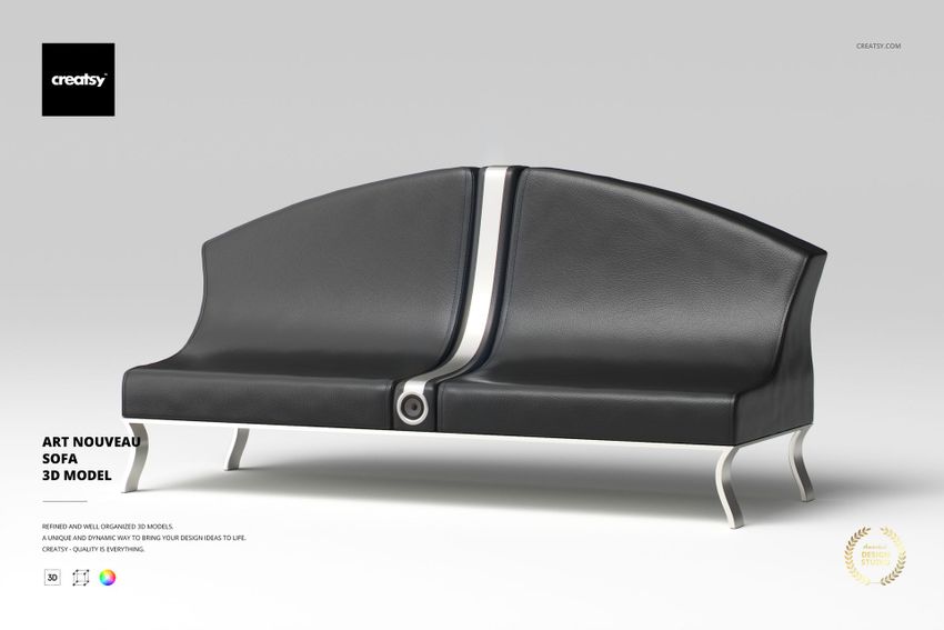 Front view of a black Art Nouveau sofa with curved backrest and silver accent, set against a plain light background.
