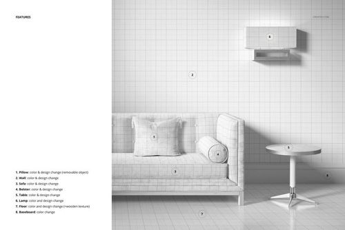 Front view of a velvet sofa and round coffee table in a minimalist room, shown in a neutral grid pattern PSD mockup.