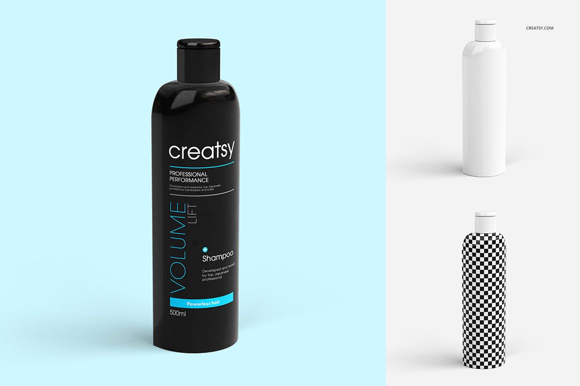 Front view of a black shampoo bottle with blue and white label, shown on a light blue background alongside two mockup variants.