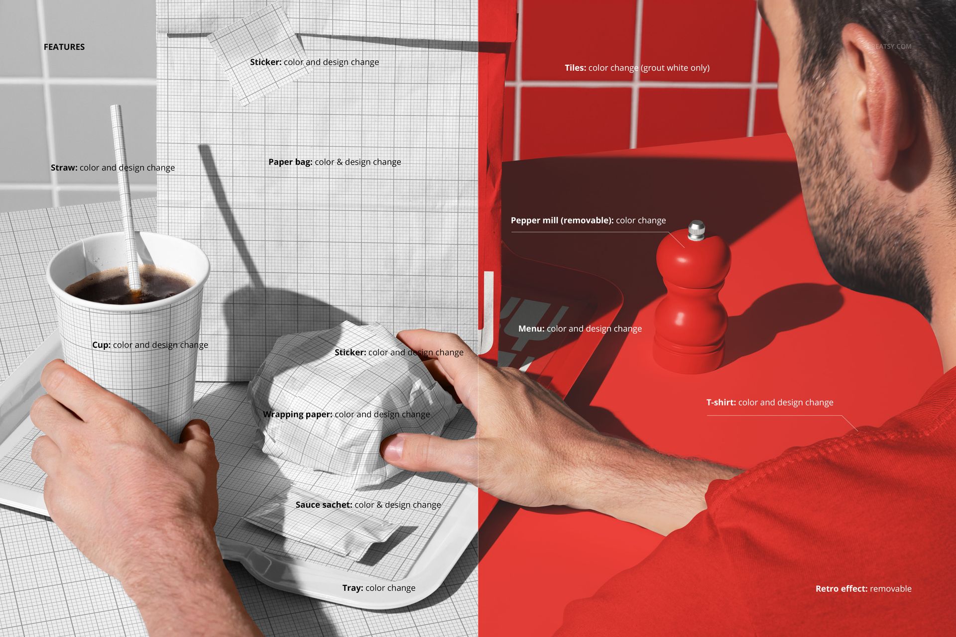 Front view of a fast food restaurant scene with paper bag, cup, tray, and pepper shaker on a red table, shown in a PSD mockup.