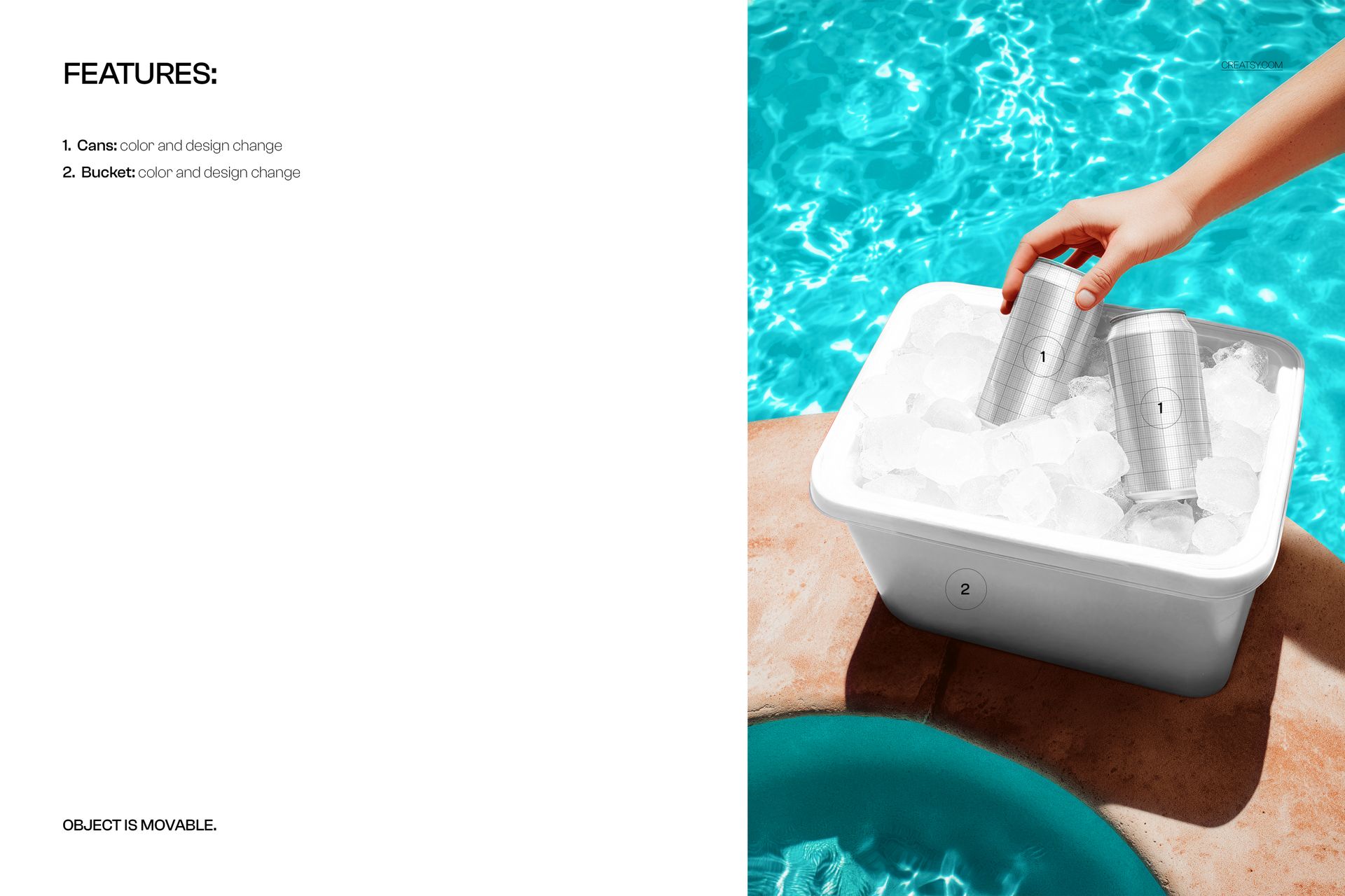 PSD mockup showing silver drink cans in a white ice-filled bucket next to a pool, with a hand holding a can.