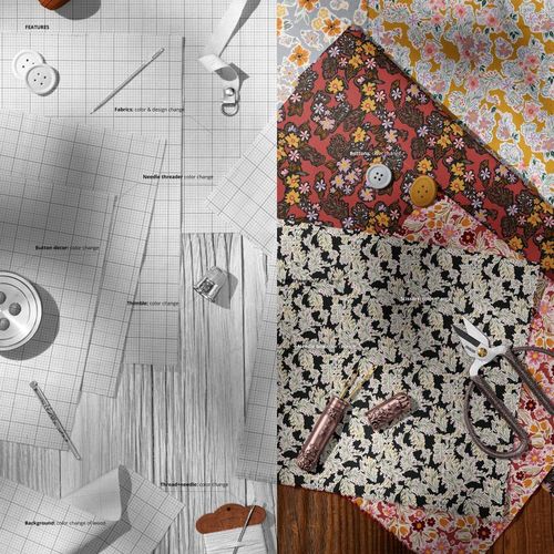 Top view of cotton fabric mockup with vintage floral patterns, sewing tools, buttons, and scissors on a wooden surface.