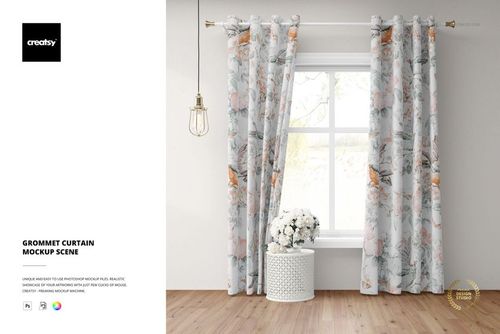 Grommet curtain mockup scene showing light-colored curtains with a soft floral design, window, and decorative vase.