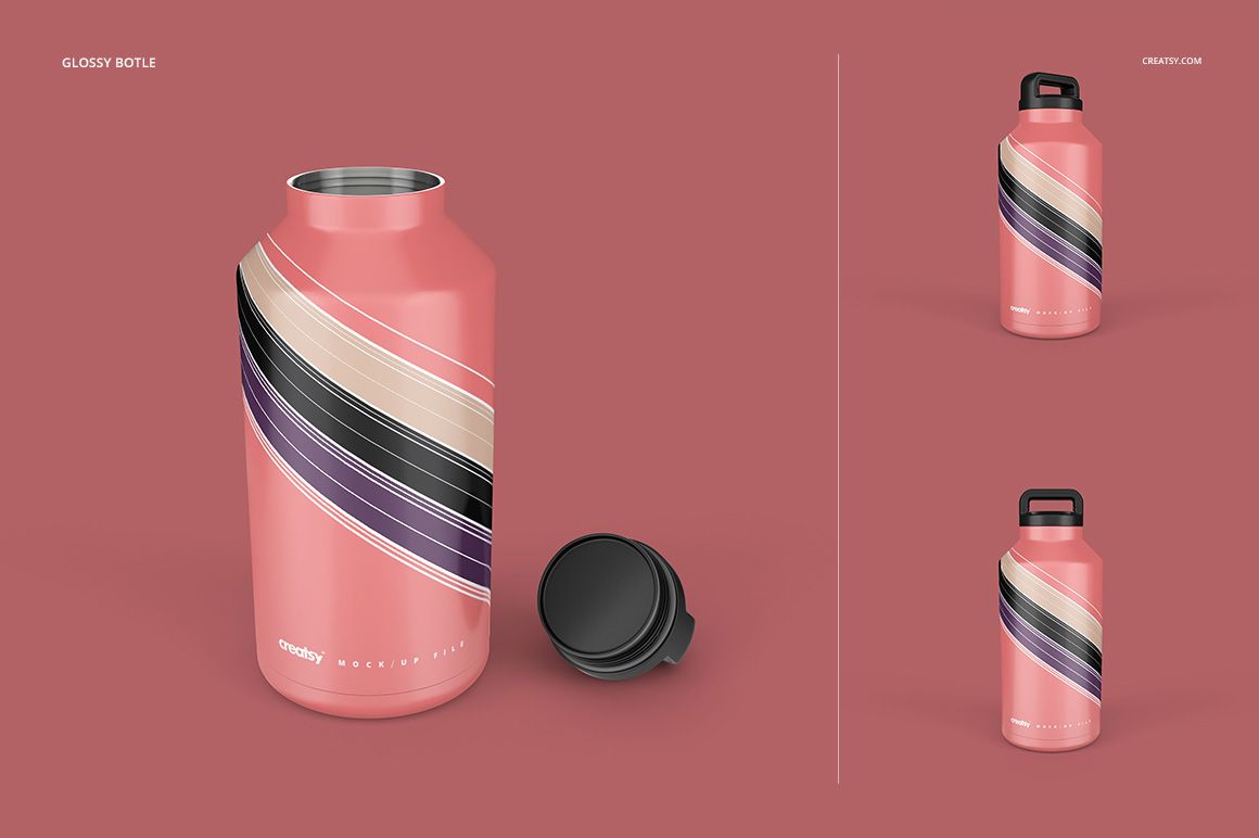 Glossy stainless steel tumbler mockup with a pink base and abstract curved stripes, shown with lid on a solid background.