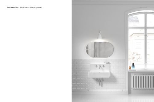 Front view of a minimalist bathroom mockup featuring a white sink, oval mirror, wall lamp, and window with decor.