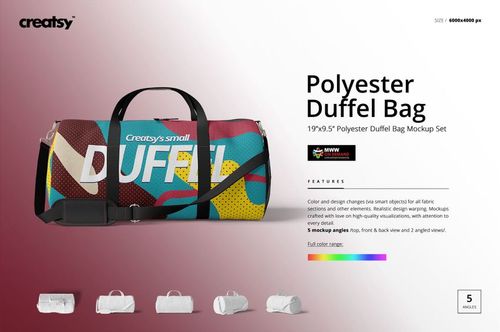 Front view of a polyester duffel bag with black handles, featuring a colorful abstract pattern and text design.