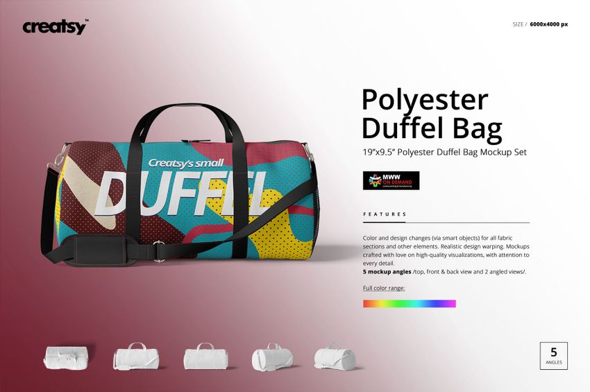 Front view of a polyester duffel bag with black handles, featuring a colorful abstract pattern and text design.