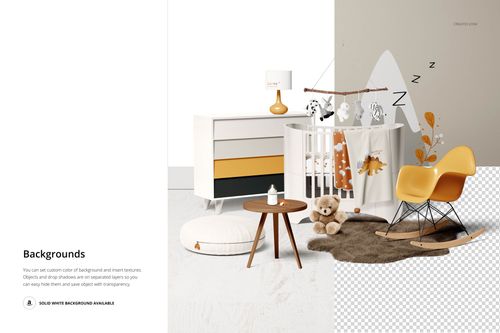 Modern baby room mockup with a white crib, dresser, rocking chair, plush toys, and neutral decor accents in front view.