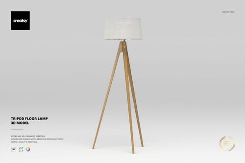 Tripod floor lamp with light wooden legs and a white fabric lampshade, shown in a front view on a plain background.