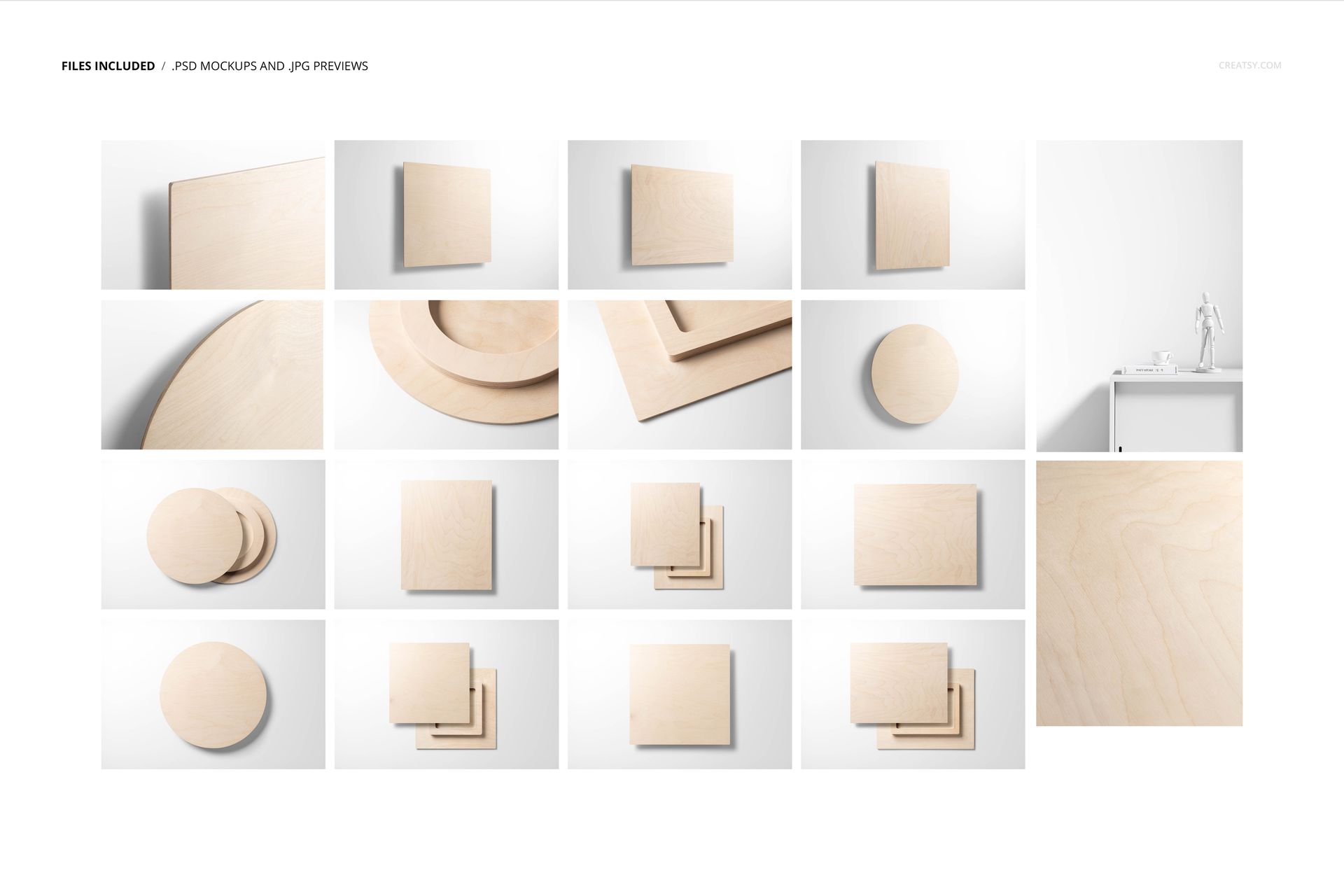Assorted plywood wall art mockups in square, rectangular, and circular shapes displayed on a white background.