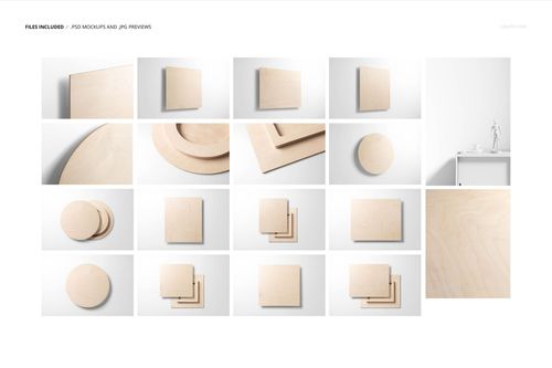 Assorted plywood wall art mockups in square, rectangular, and circular shapes displayed on a white background.