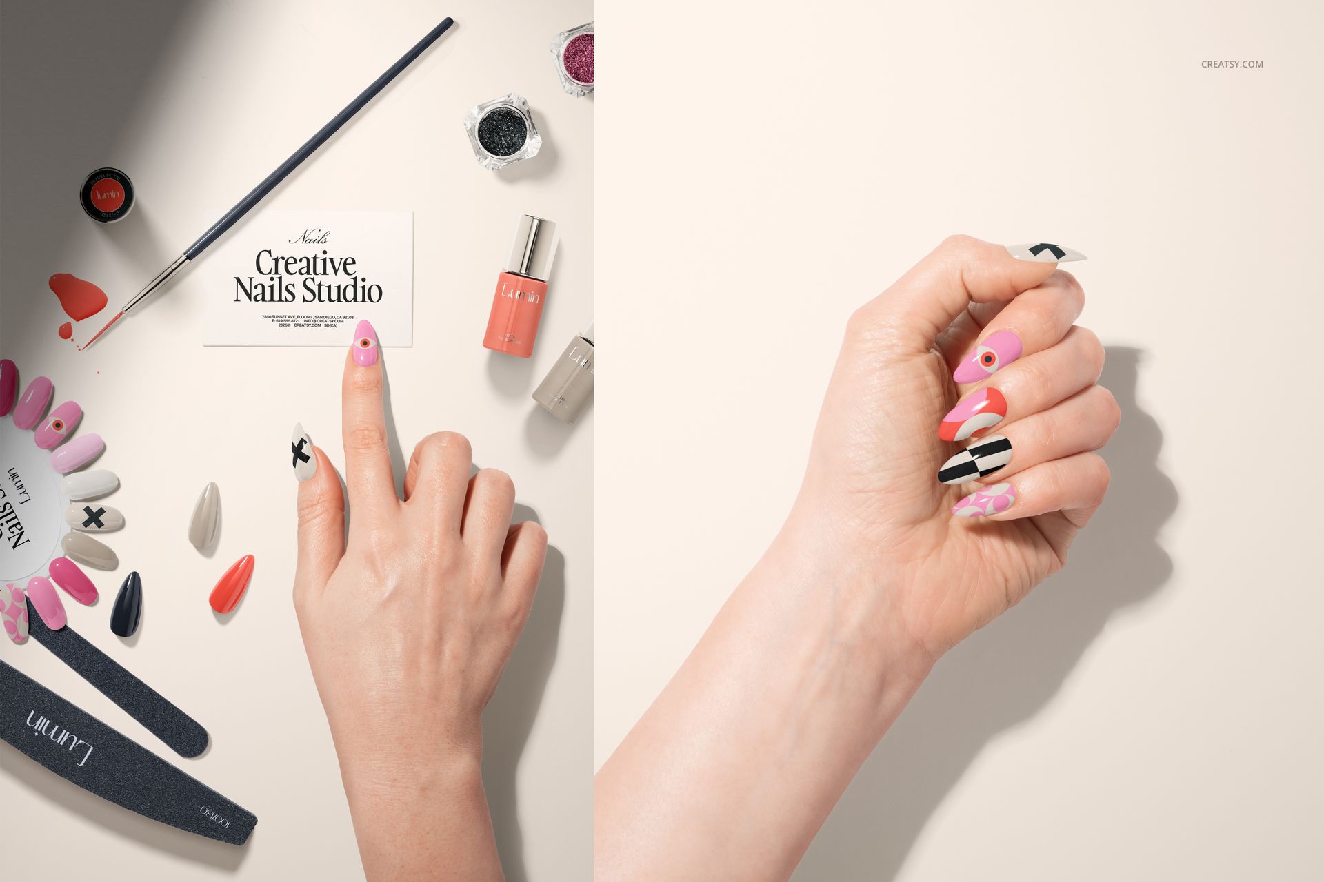 PSD mockup featuring a hand displaying creative nail designs, with nail care products and sample tips placed nearby.