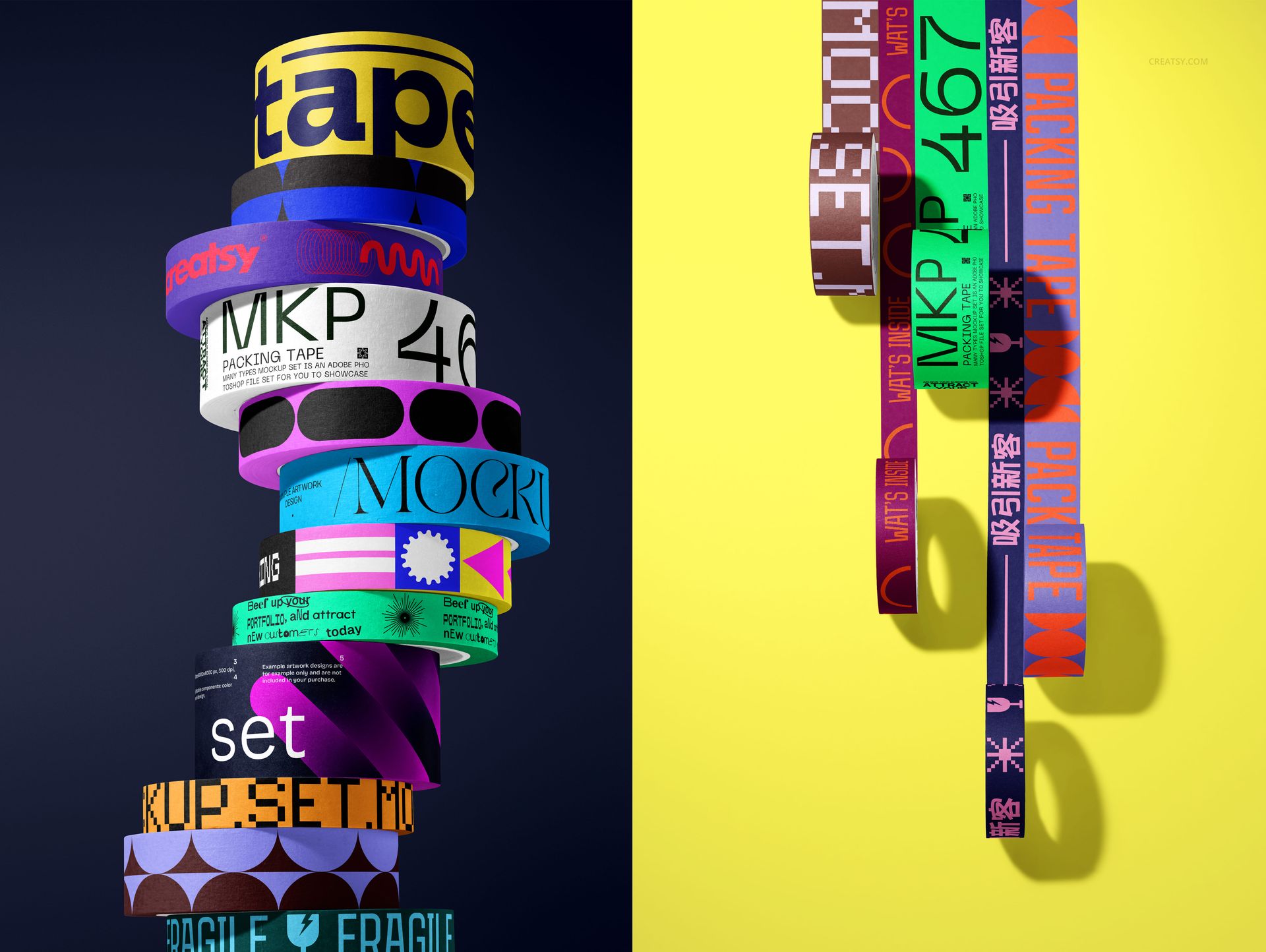 Assorted packaging tape mockup rolls featuring different labels and graphics, arranged vertically against two-tone backdrop.