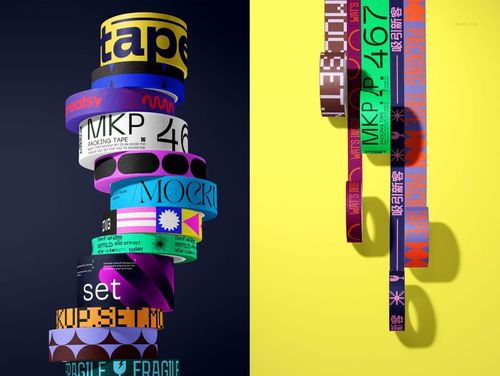 Assorted packaging tape mockup rolls featuring different labels and graphics, arranged vertically against two-tone backdrop.