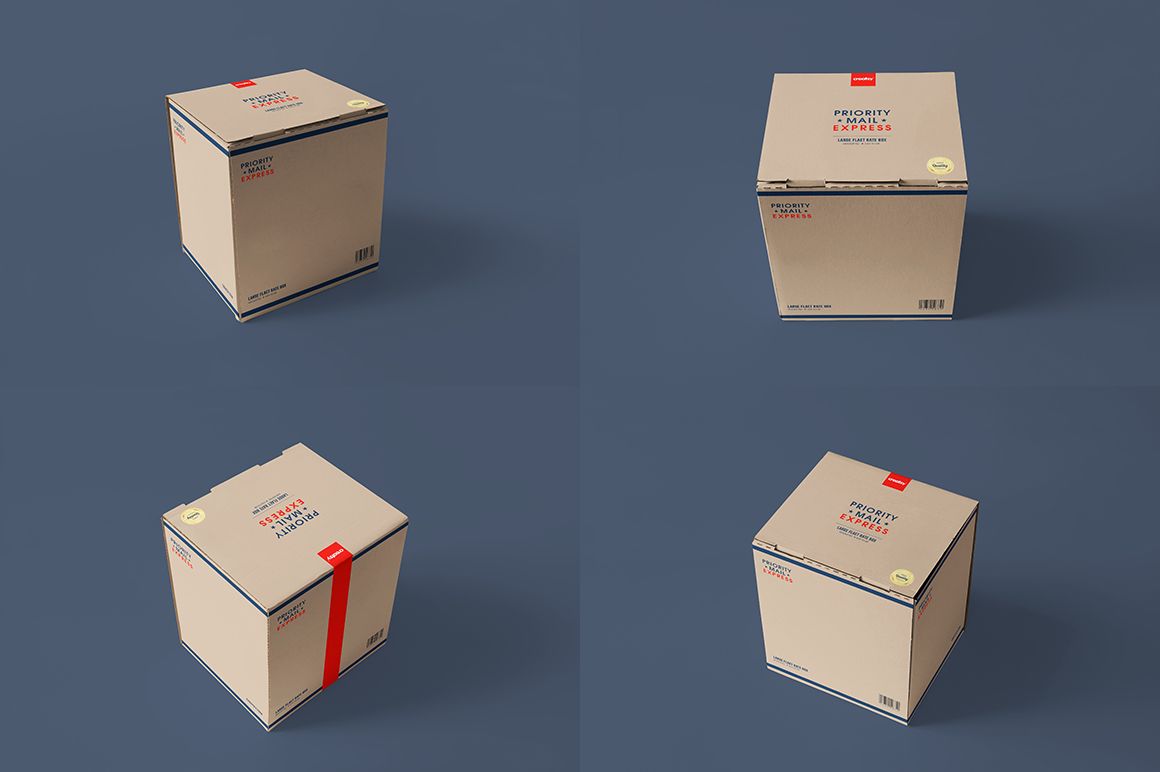 PSD mockup featuring three packaging boxes in various views, each with postal markings and a neutral blue backdrop.