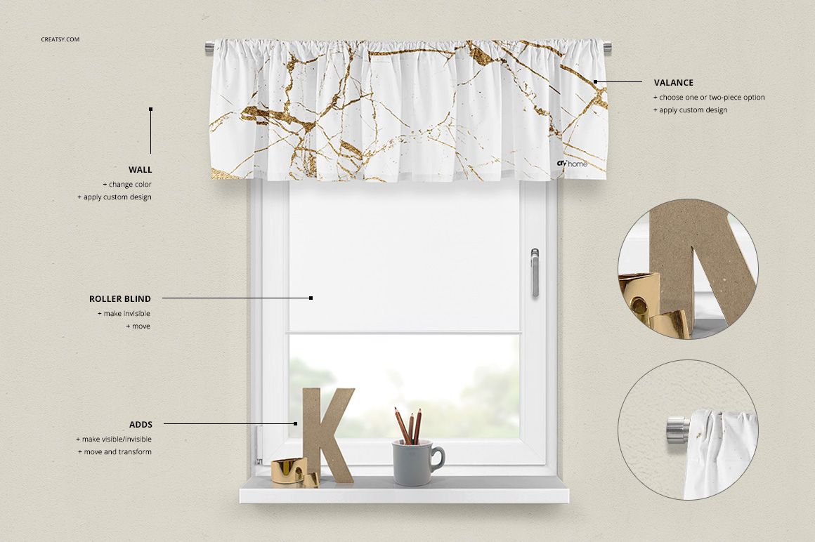 Front view of a window with a white and gold marble-patterned valance, roller blind, and beige wall, shown in a mockup scene.