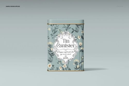 Rectangular tin canister mockup featuring soft green tones, white flowers, and ornate label, displayed on a plain surface.