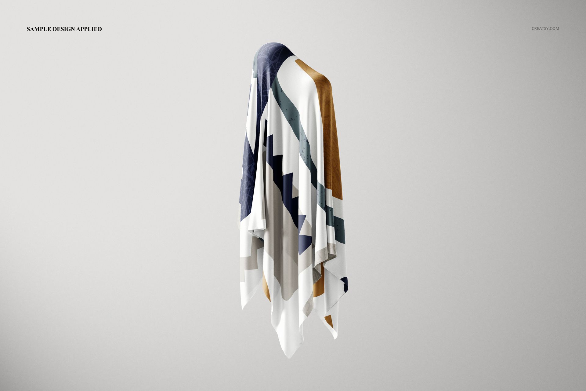 Draped silk fabric mockup with geometric pattern in white, navy, gray, and mustard, front view on plain background.