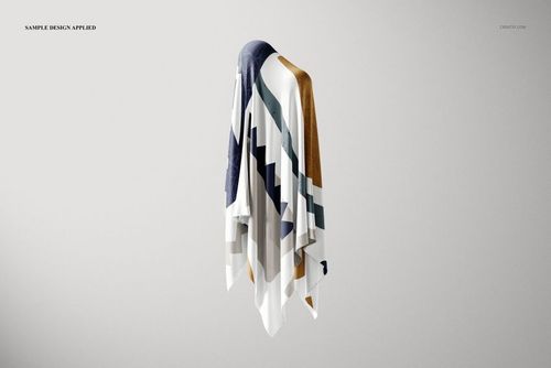 Draped silk fabric mockup with geometric pattern in white, navy, gray, and mustard, front view on plain background.