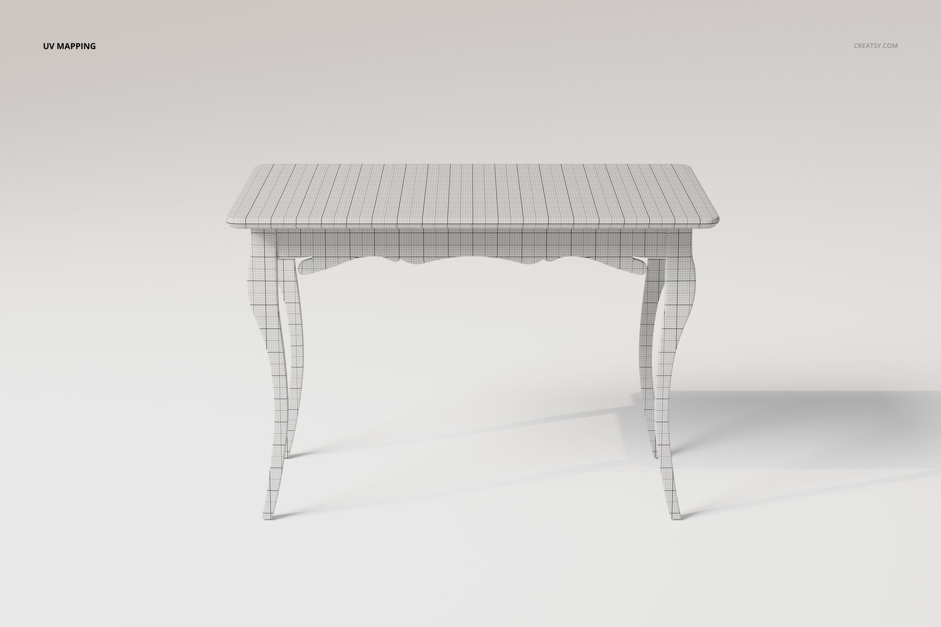 Front view of a wooden accent table 3D model with cabriole legs, shown in a wireframe texture on a light background.