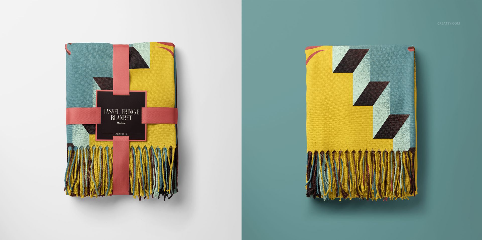 Tassel fringe blanket mockup featuring bold geometric shapes and contrasting colors, displayed folded on flat surfaces.