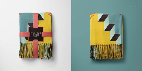 Tassel fringe blanket mockup featuring bold geometric shapes and contrasting colors, displayed folded on flat surfaces.