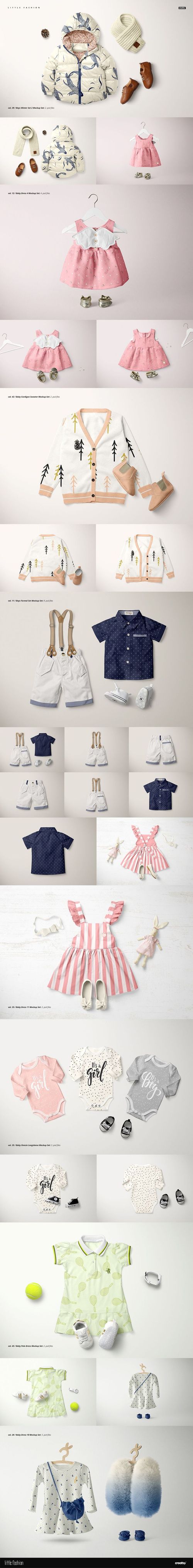 Assorted kids apparel mockup bundle featuring shirts, dresses, and accessories in various colors and flat lay arrangements.