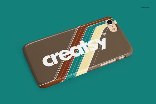 iPhone snap case mockup featuring retro diagonal stripes in brown, cream, and teal on a teal background, angled perspective.