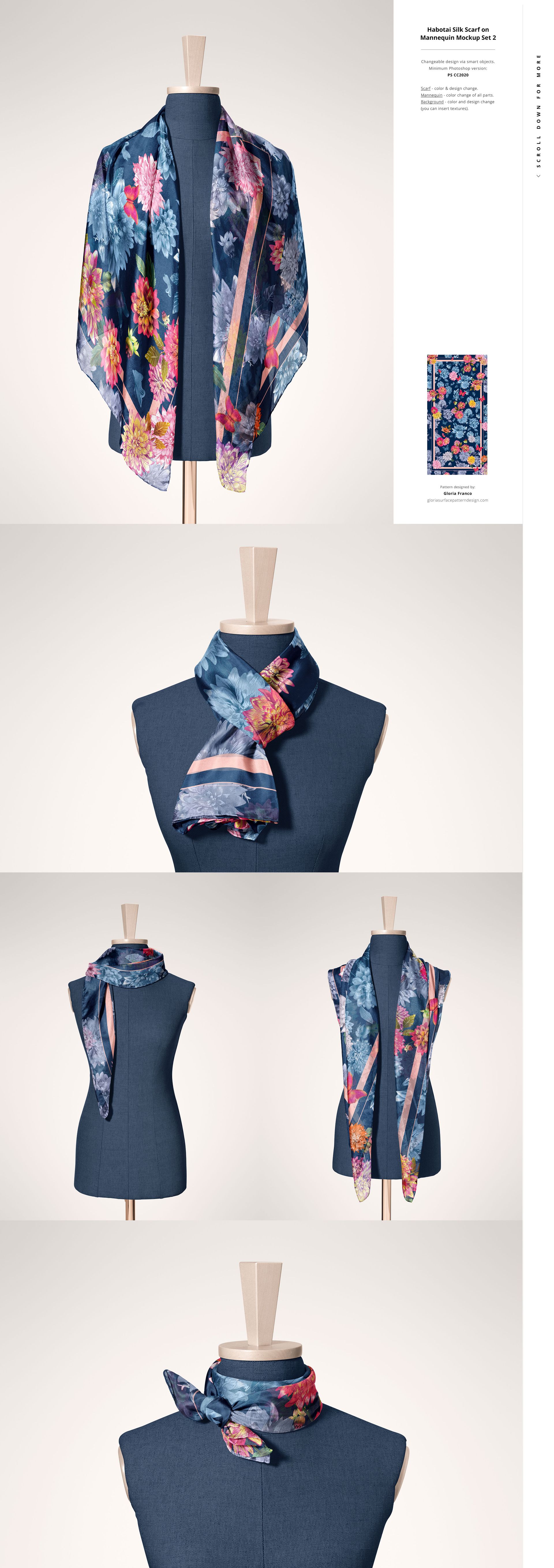 Silk scarf mockup displayed on a mannequin, featuring a colorful floral pattern and various draping styles.