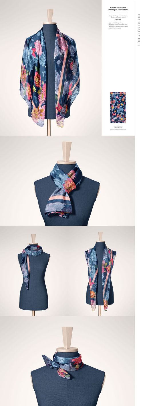 Silk scarf mockup displayed on a mannequin, featuring a colorful floral pattern and various draping styles.