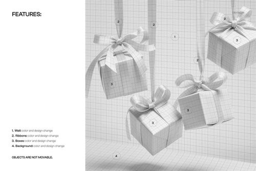 Front view of four square gift boxes hanging by ribbons, shown in a grid-lined PSD mockup with editable design areas.