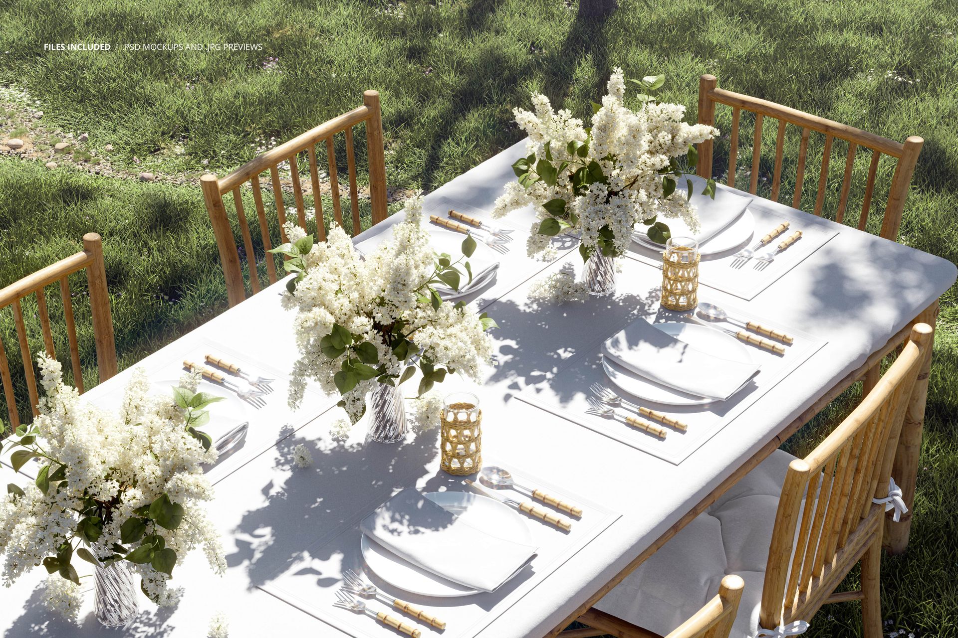 PSD mockup of a dining table in a garden with wooden chairs, white linens, and decorative flower arrangements.