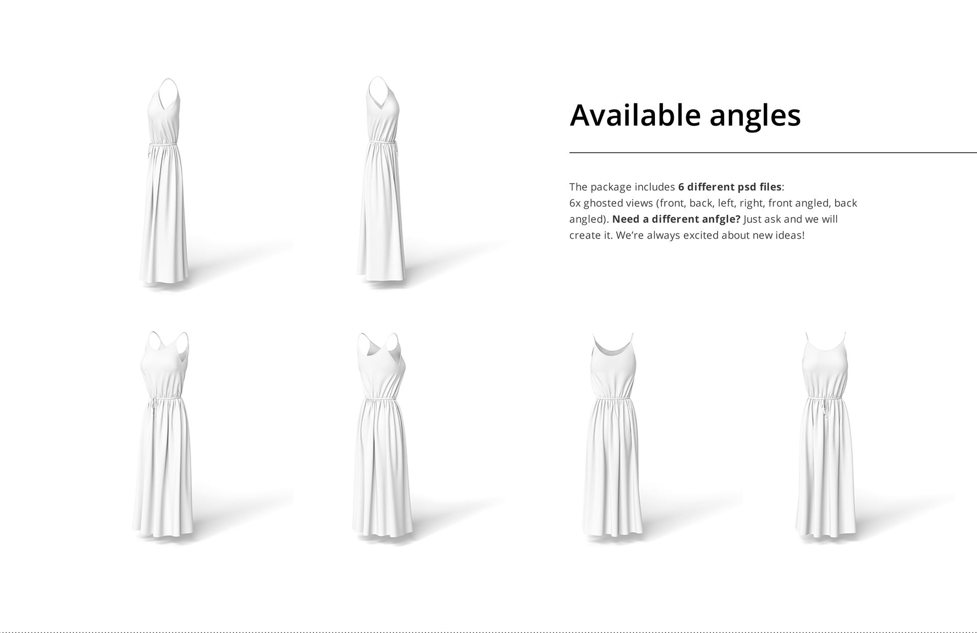 Long wavy dress mockup set showing six white dresses from various angles on a plain white background.