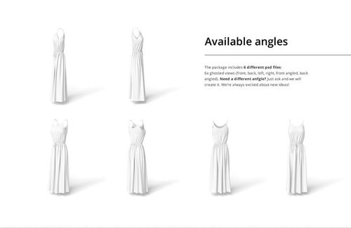 Long wavy dress mockup set showing six white dresses from various angles on a plain white background.