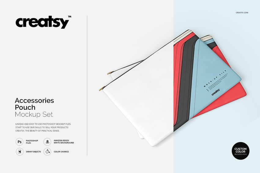 PSD mockup of accessories pouches featuring bold geometric designs and gold zippers, displayed on a clean white background.