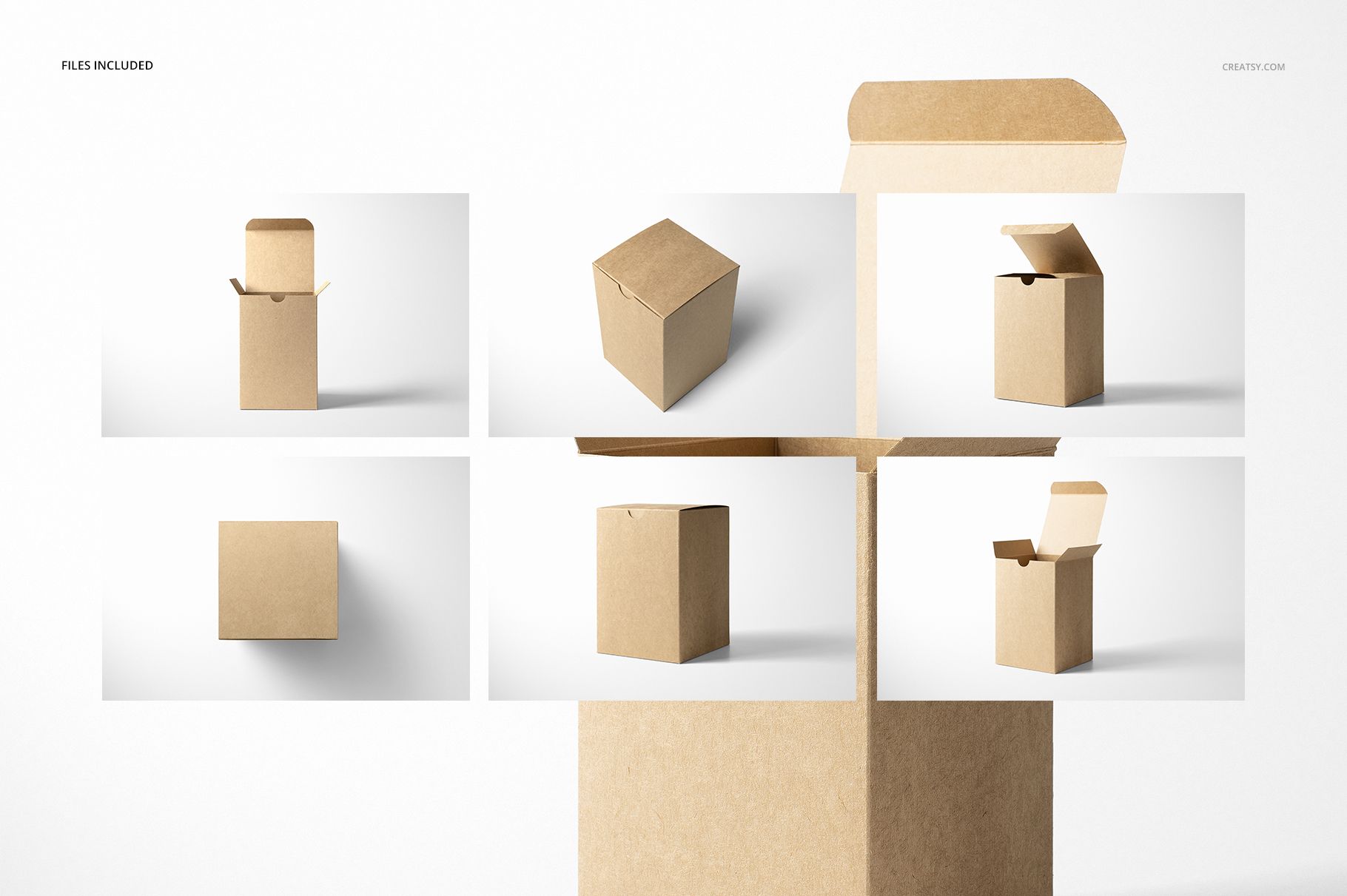 Kraft tuck top gift box mockup set showing six views of a plain brown box, including open and closed lids.