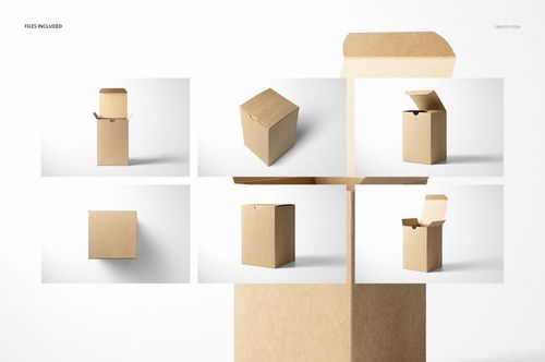 Kraft tuck top gift box mockup set showing six views of a plain brown box, including open and closed lids.