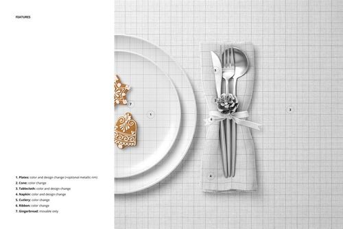 PSD mockup showing a holiday table setup with a grid-patterned tablecloth, decorative plate, napkin, pinecone ribbon, and gingerbread cookies.
