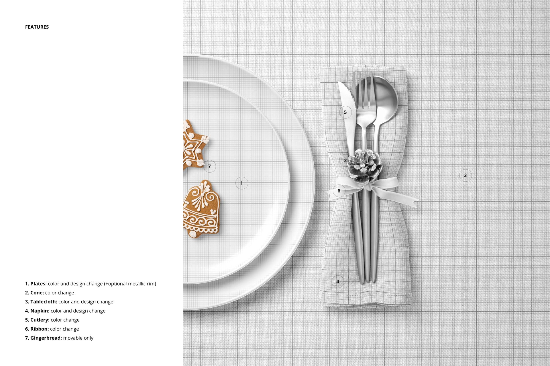PSD mockup showing a holiday table setup with a grid-patterned tablecloth, decorative plate, napkin, pinecone ribbon, and gingerbread cookies.