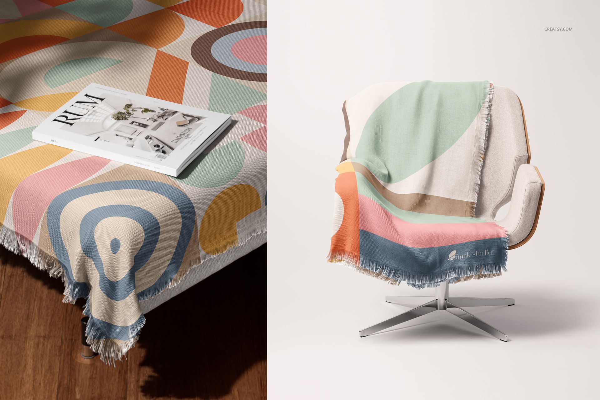 PSD mockup of a polyester woven coverlet featuring geometric shapes in pastel colors, displayed on furniture.