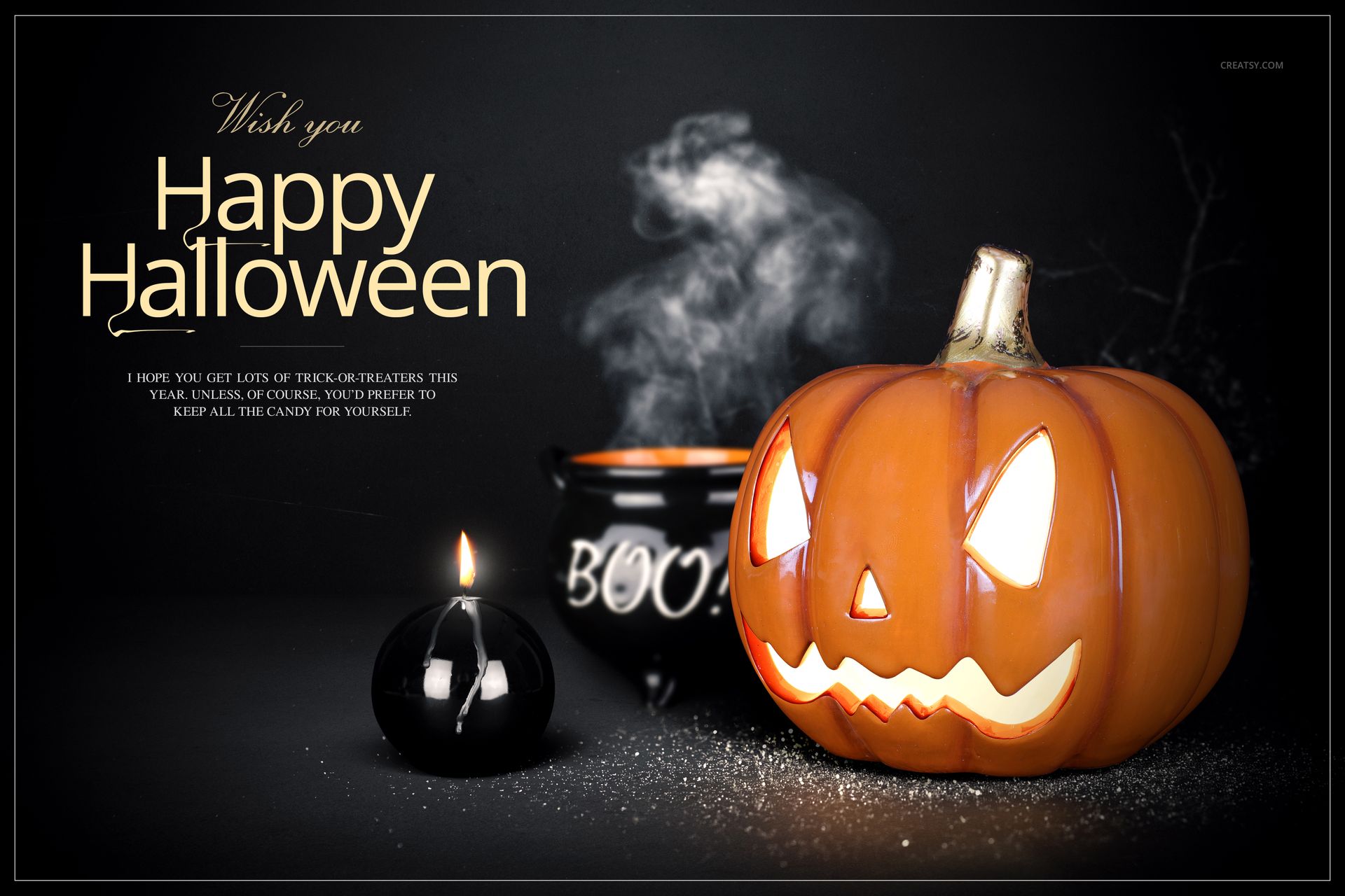 Halloween PSD mockup showing a carved pumpkin, black candle, and cauldron with steam on a dark background.